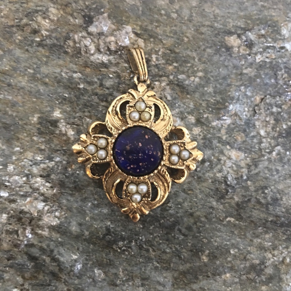 Gold With Pearls And Navy Stone Pendant!